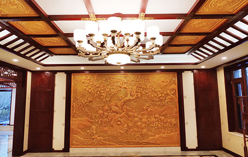潜江经济开发区中式别墅客厅中式木作横梁吊顶装饰展示