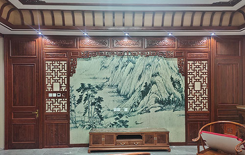 潜江经济开发区中式仿古别墅客厅背景墙花格木作装饰